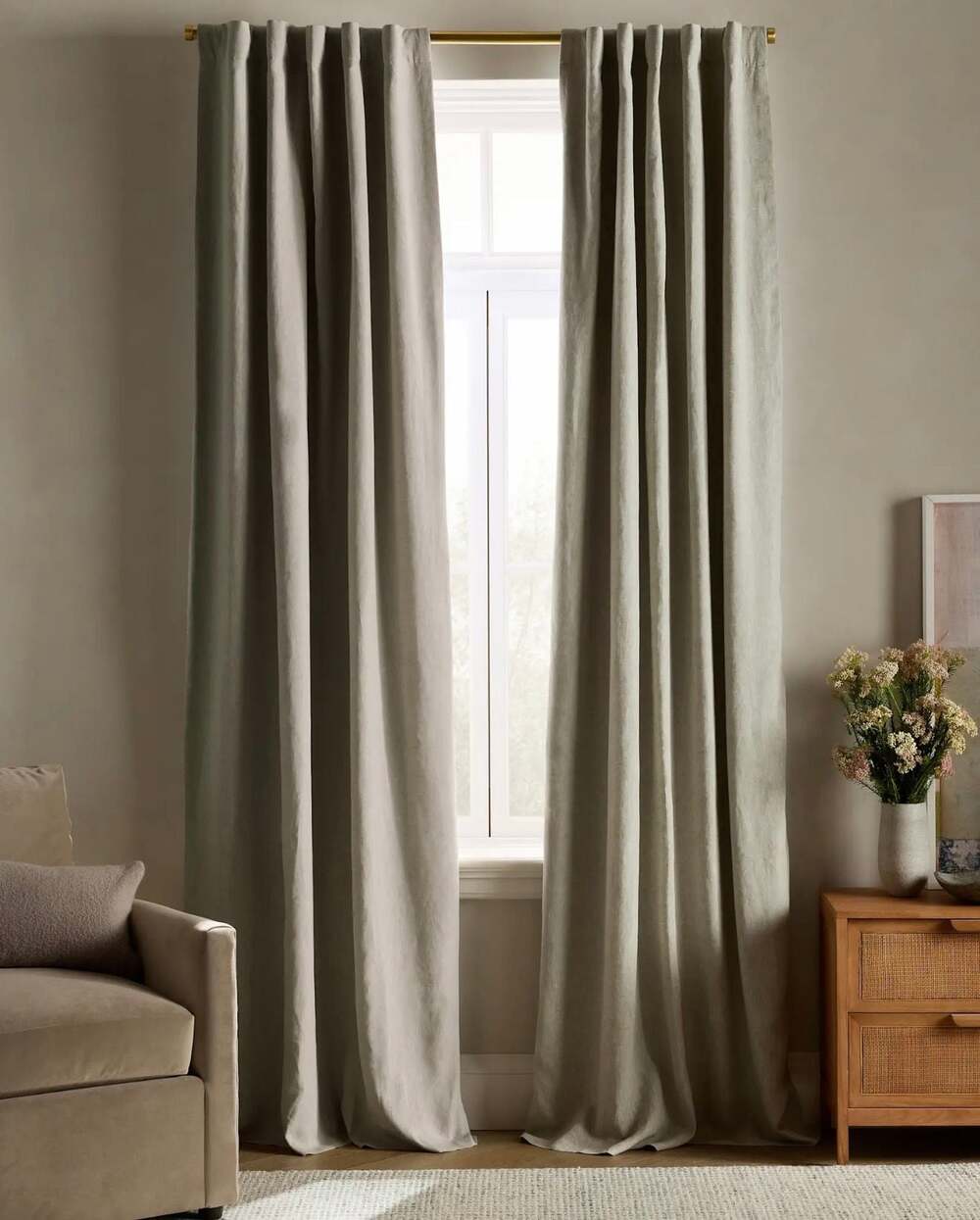 Quince European Linen Curtain 48 in x 96 in Sage green heather room darkening si